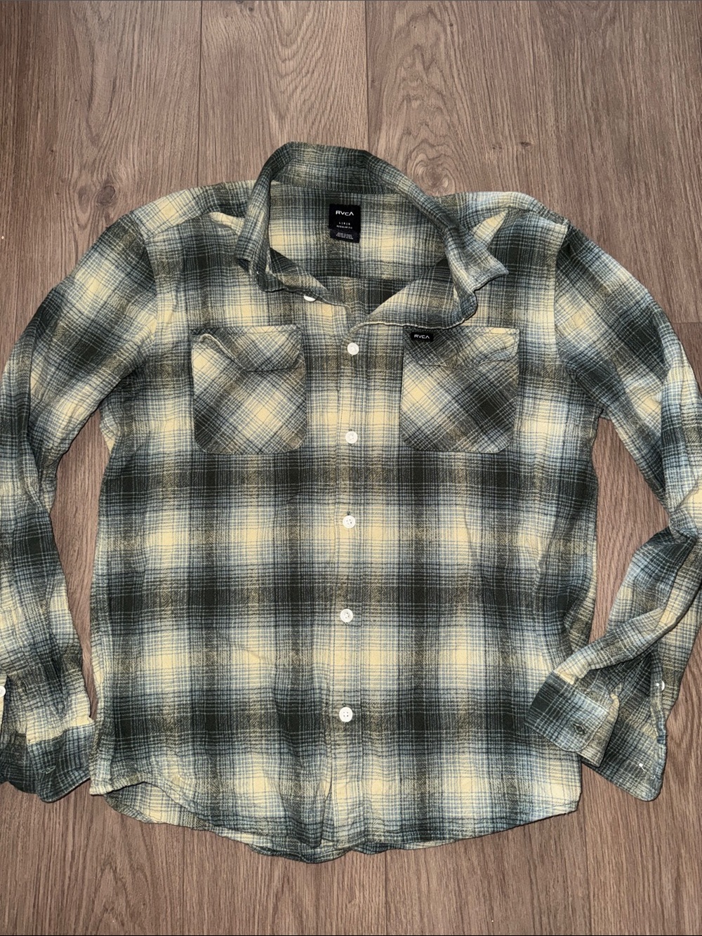 RVCA Men's Green and Cream Plaid Flannel Shirt